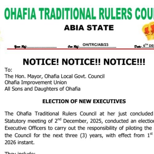 Ohafia Traditional Rulers Council Elects New Executive Officers To Man Her Affairs