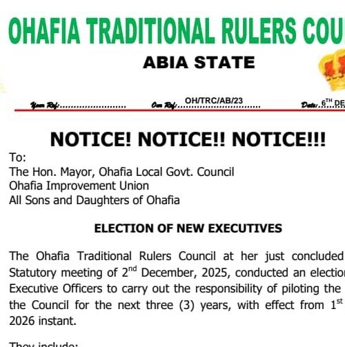 Ohafia Traditional Rulers Council Elects New Executive Officers To Man Her Affairs
